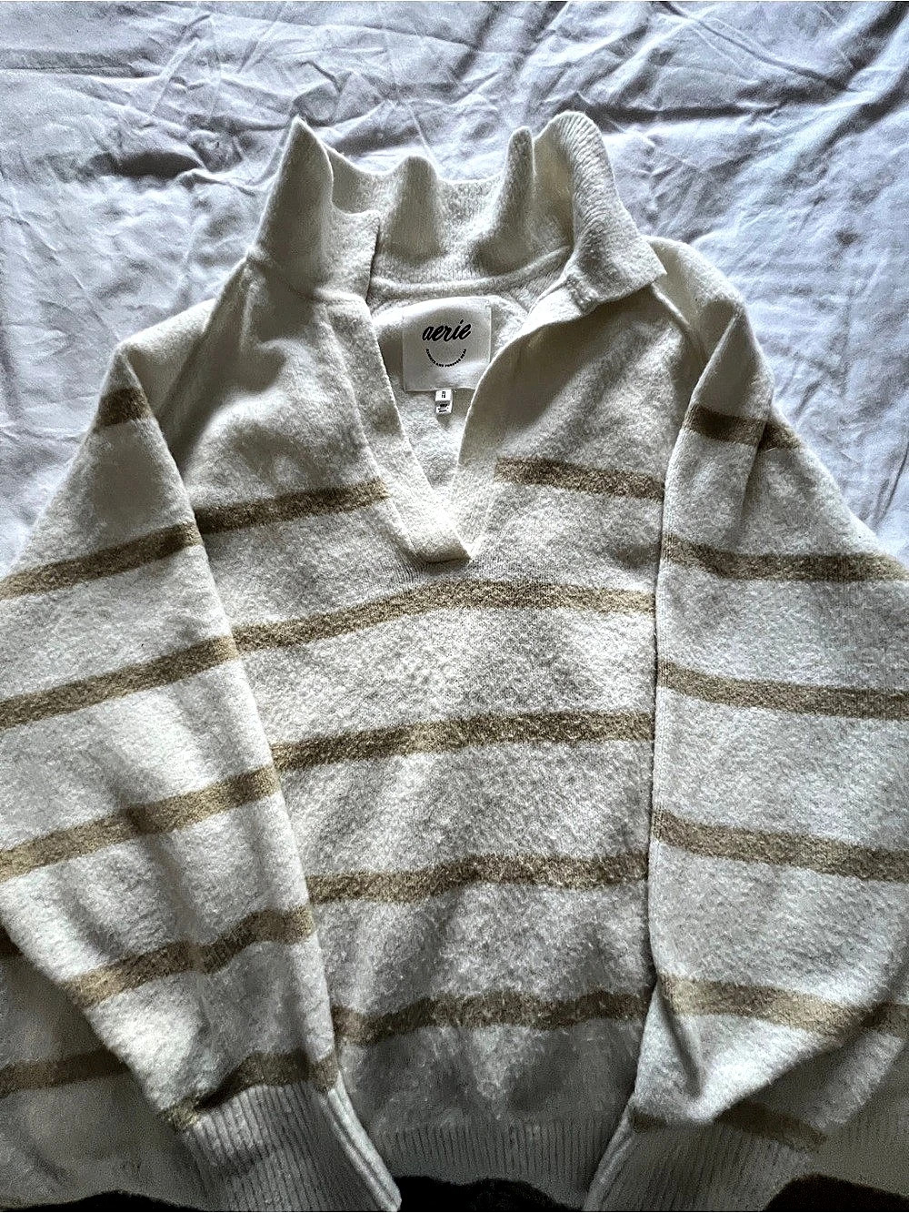 Aerie Striped Quarter Zip Sweater in Cream & Brown Size XL  oversized fit soft c